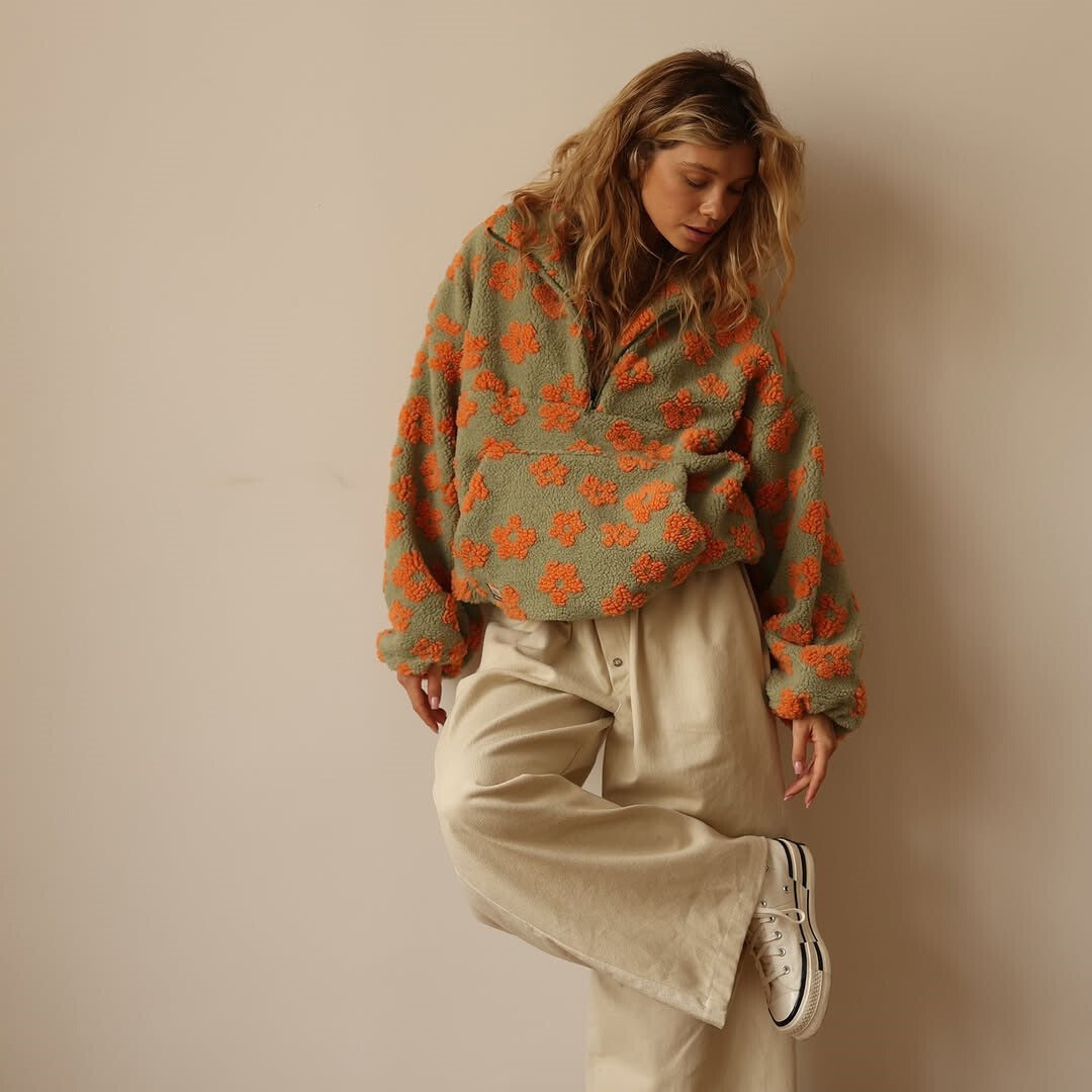 Jovira™ - Sweat en polaire sherpa avec fleurs boho et coupe oversize