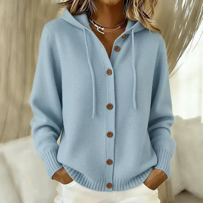 Ameline - Cardigan femme à capuche boutonné en maille douce
