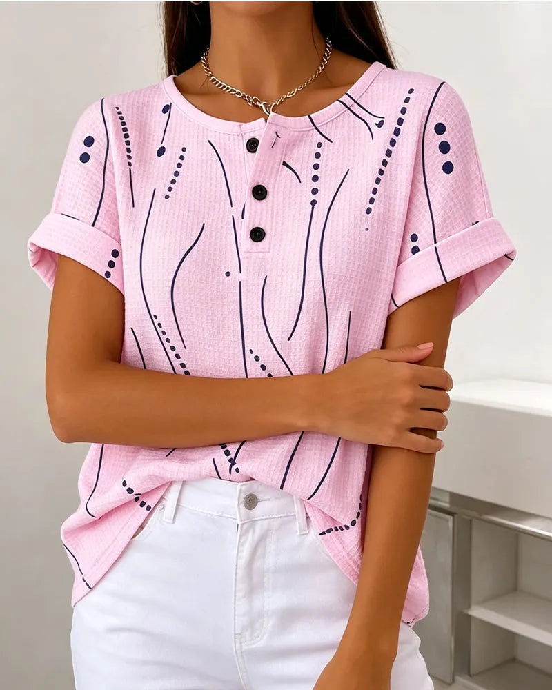 Zelynn - T-shirt femme imprimé à manches courtes avec boutons