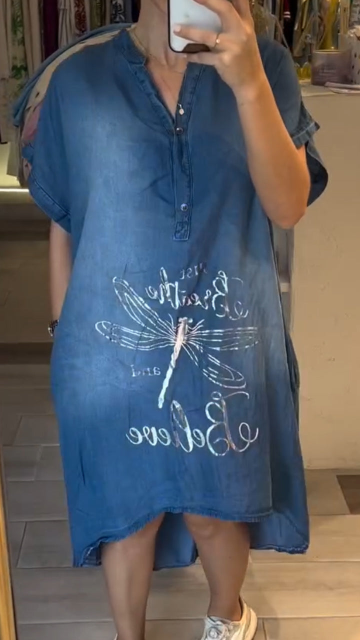 Delphina™ - Robe décontractée en jean avec col en V et boutons, idéale pour un style quotidien