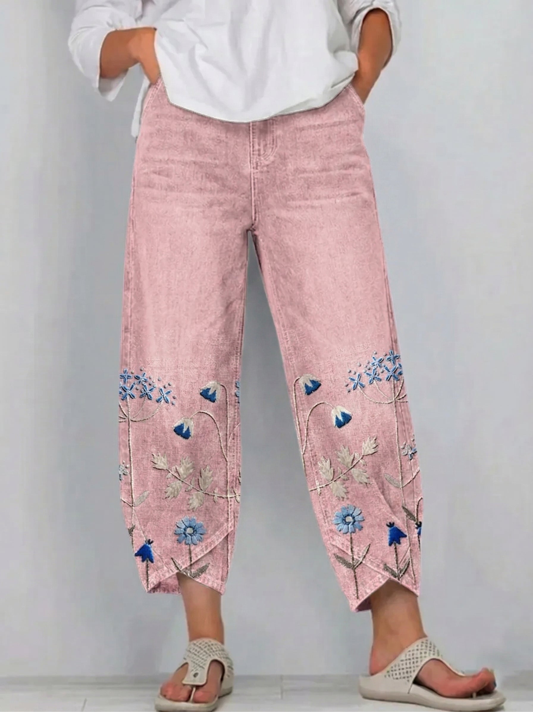 Fiorixa™ - Pantalon femme denim broderie florale coupe droite casual