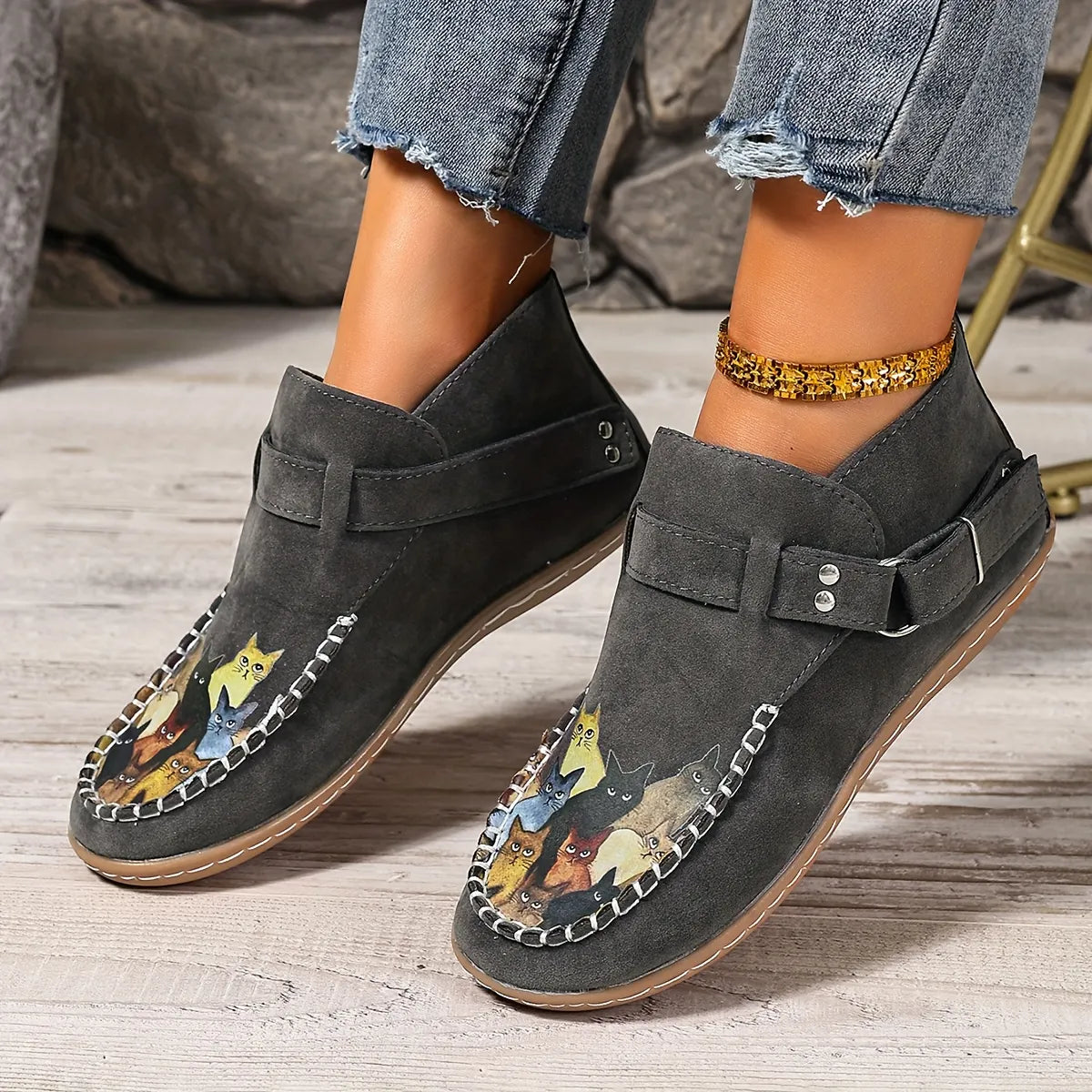 Annefleur - Mocassins femme imprimé chat à enfiler
