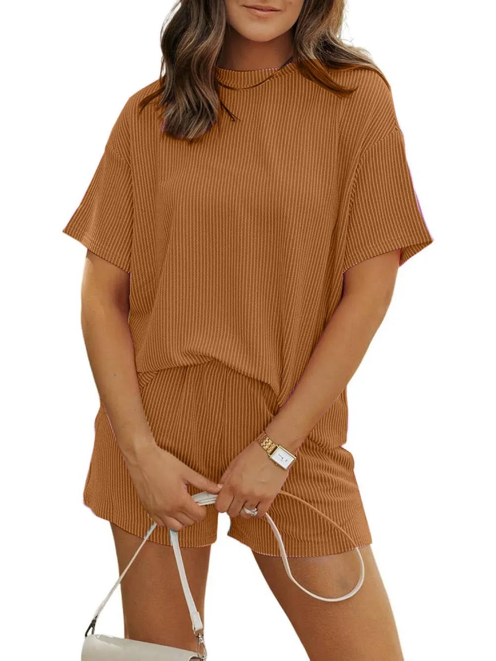 Irina™ - Ensemble à Shorts Texturés Côtelé avec Col Rond