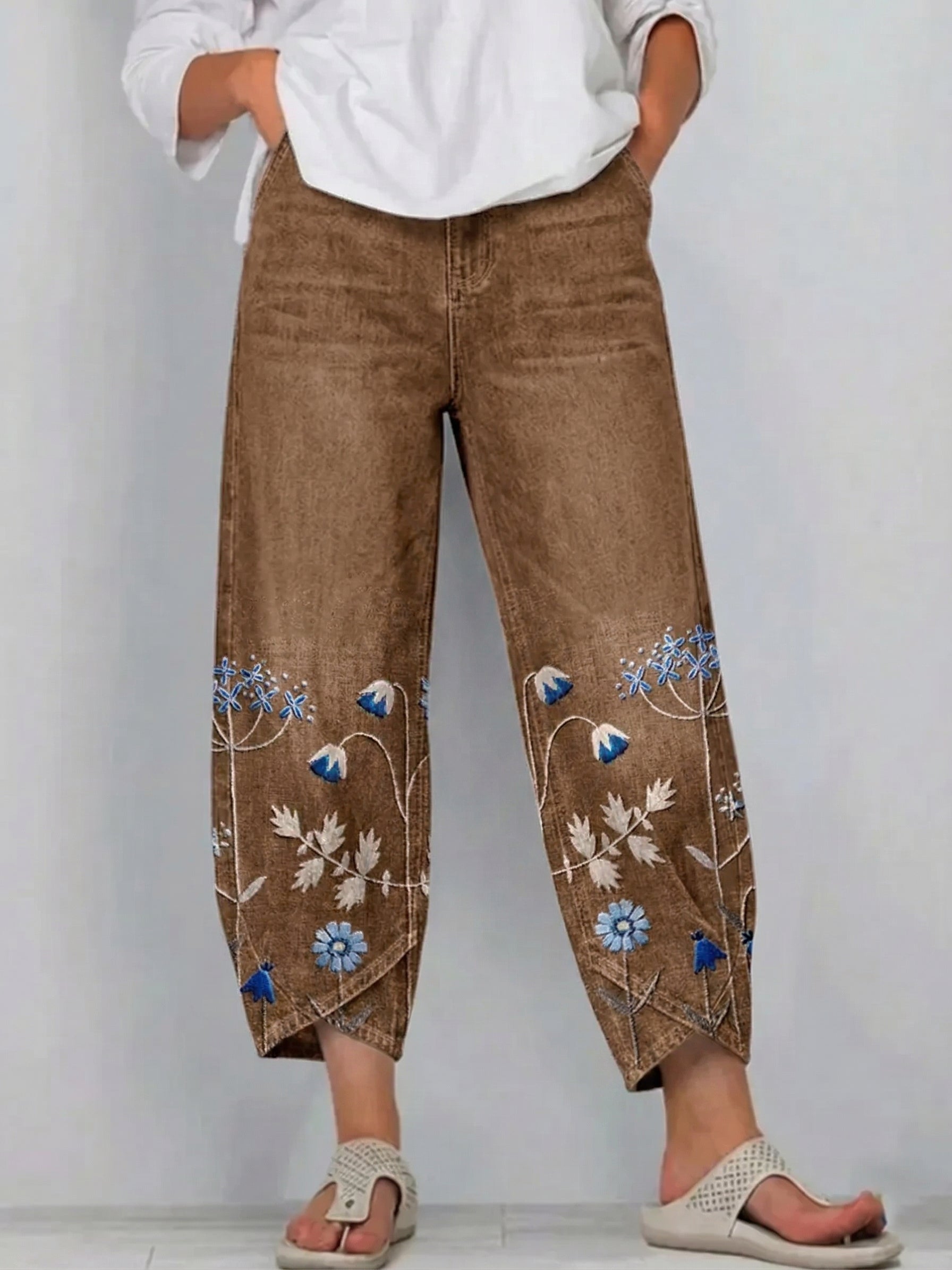 Fiorixa™ - Pantalon femme denim broderie florale coupe droite casual