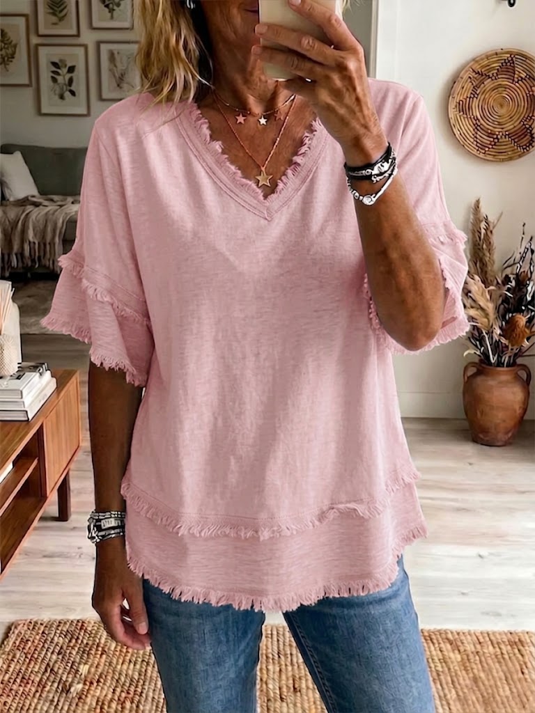 Jovrya™ - Top femme lin col V manches courtes coupe décontractée été