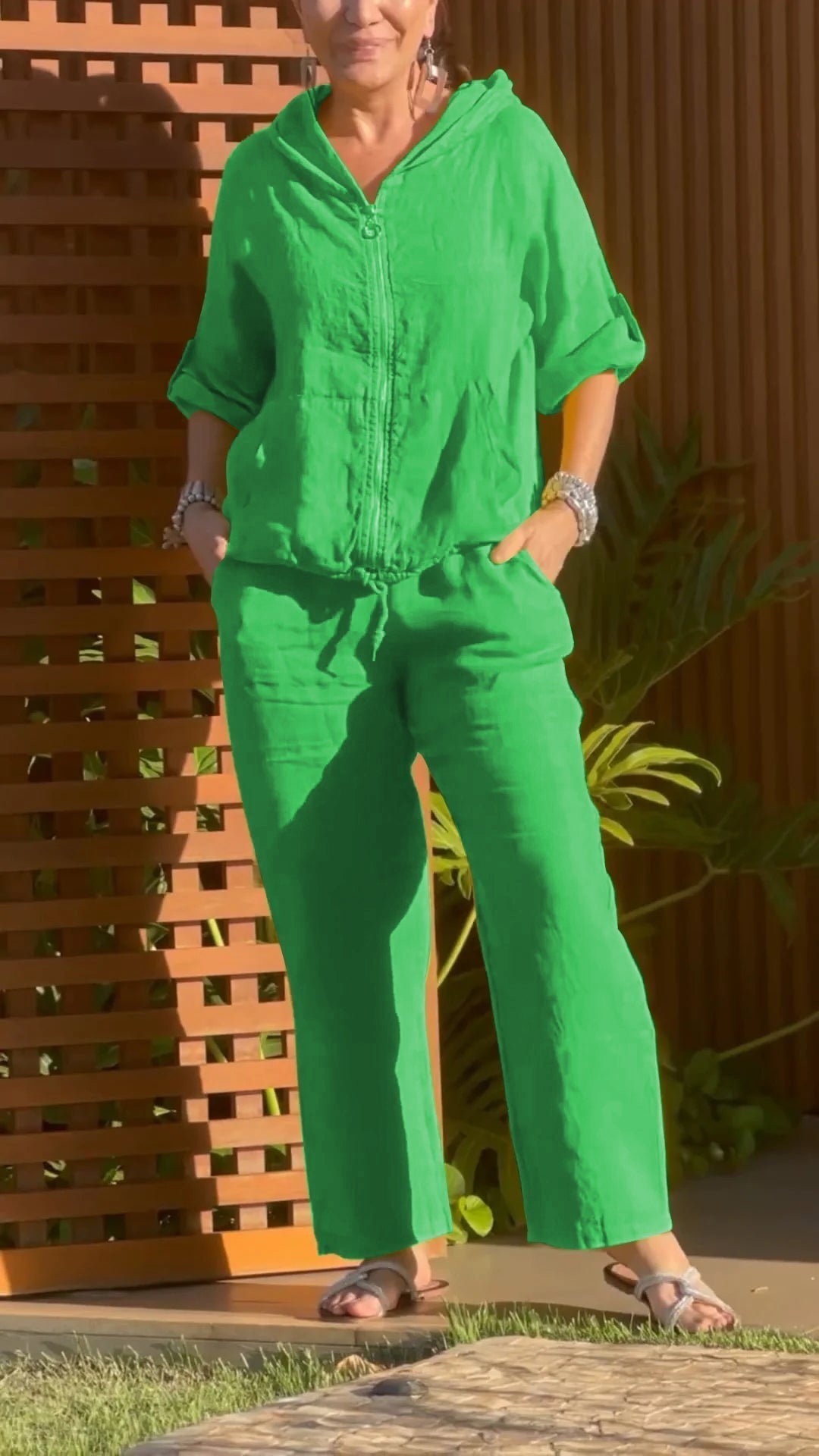 Elyraxa™ - Ensemble femme capuche zip coton lin coupe ample été