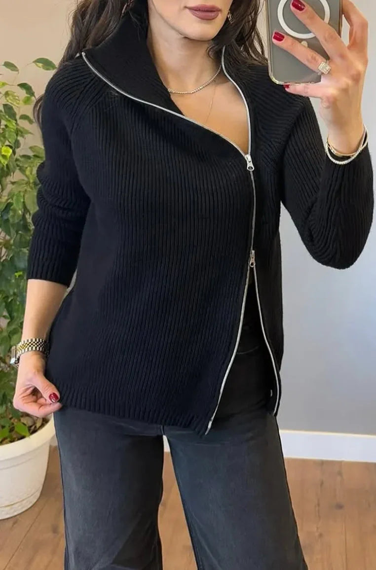 Lucienne™ - Pull Tricot Asymétrique à Double Fermeture Éclair