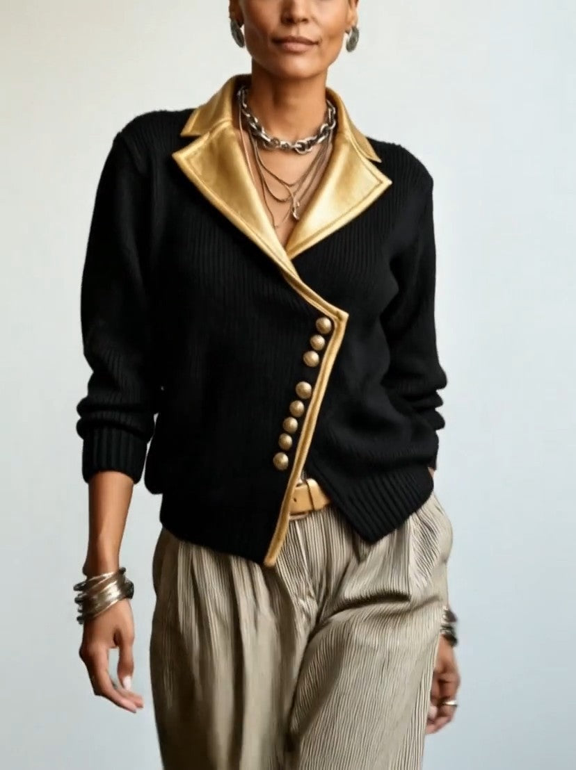Djoeke - Cardigan femme en maille côtelée à col châle et détails métallisés