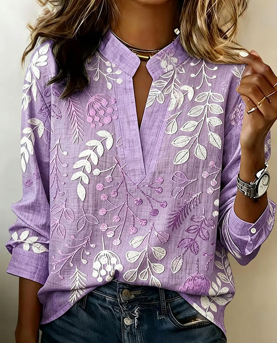 Drynora™ - Blouse femme imprimée florale col ouvert manches longues style élégant