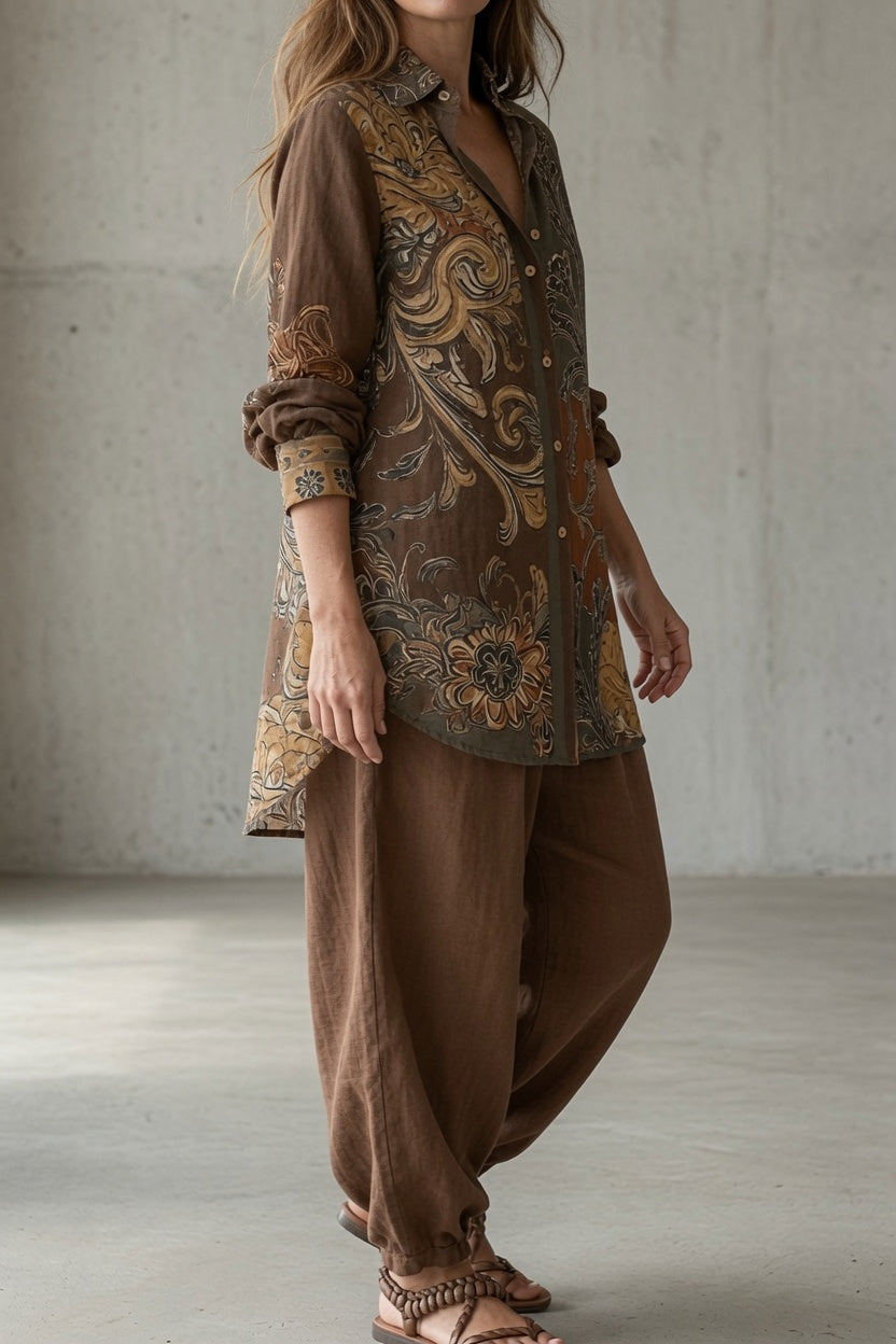 Keira - Ensemble femme vintage chemise imprimée avec pantalon fluide
