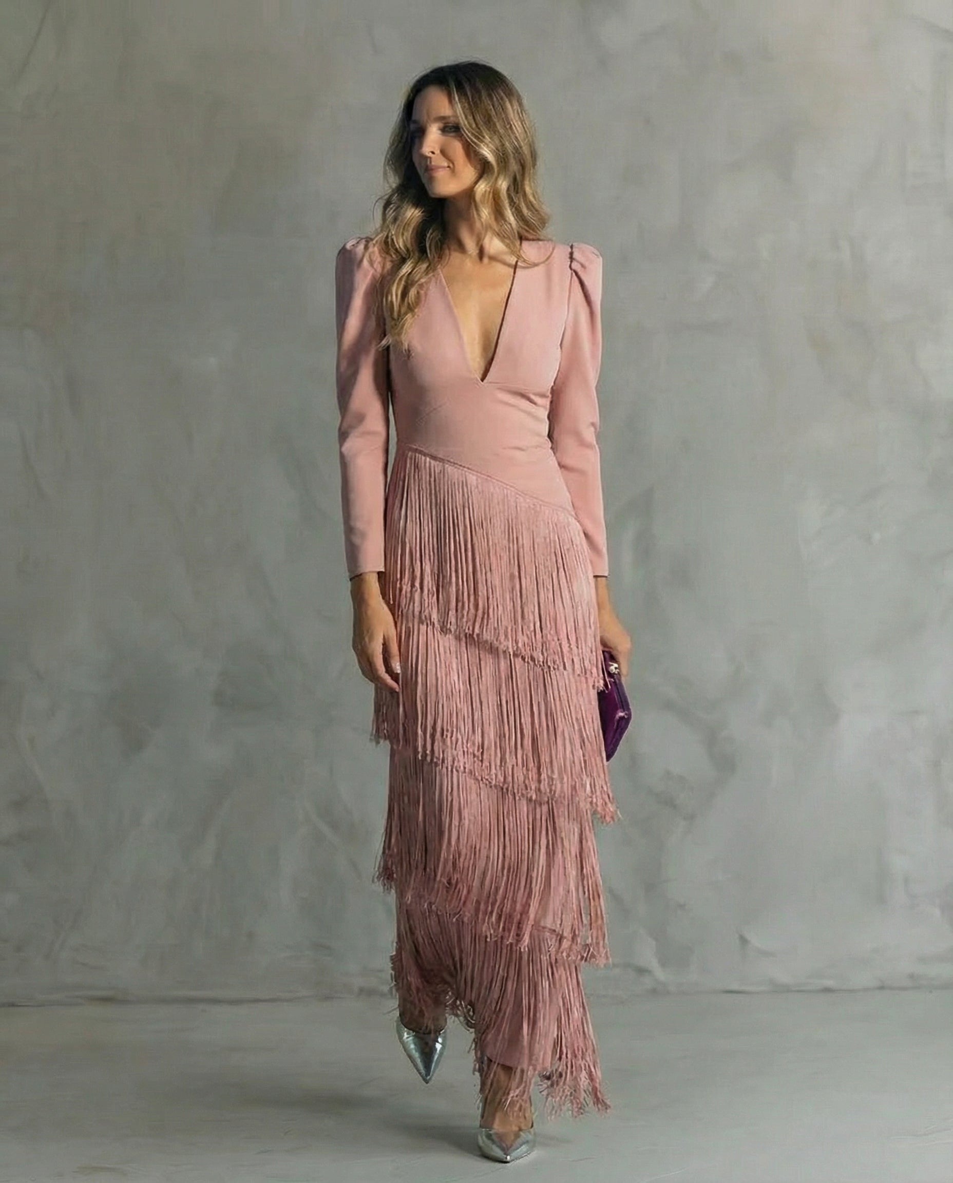 Brigitte™ - Robe Midi Femme Élégante À Franges Décolleté V Manches Longues