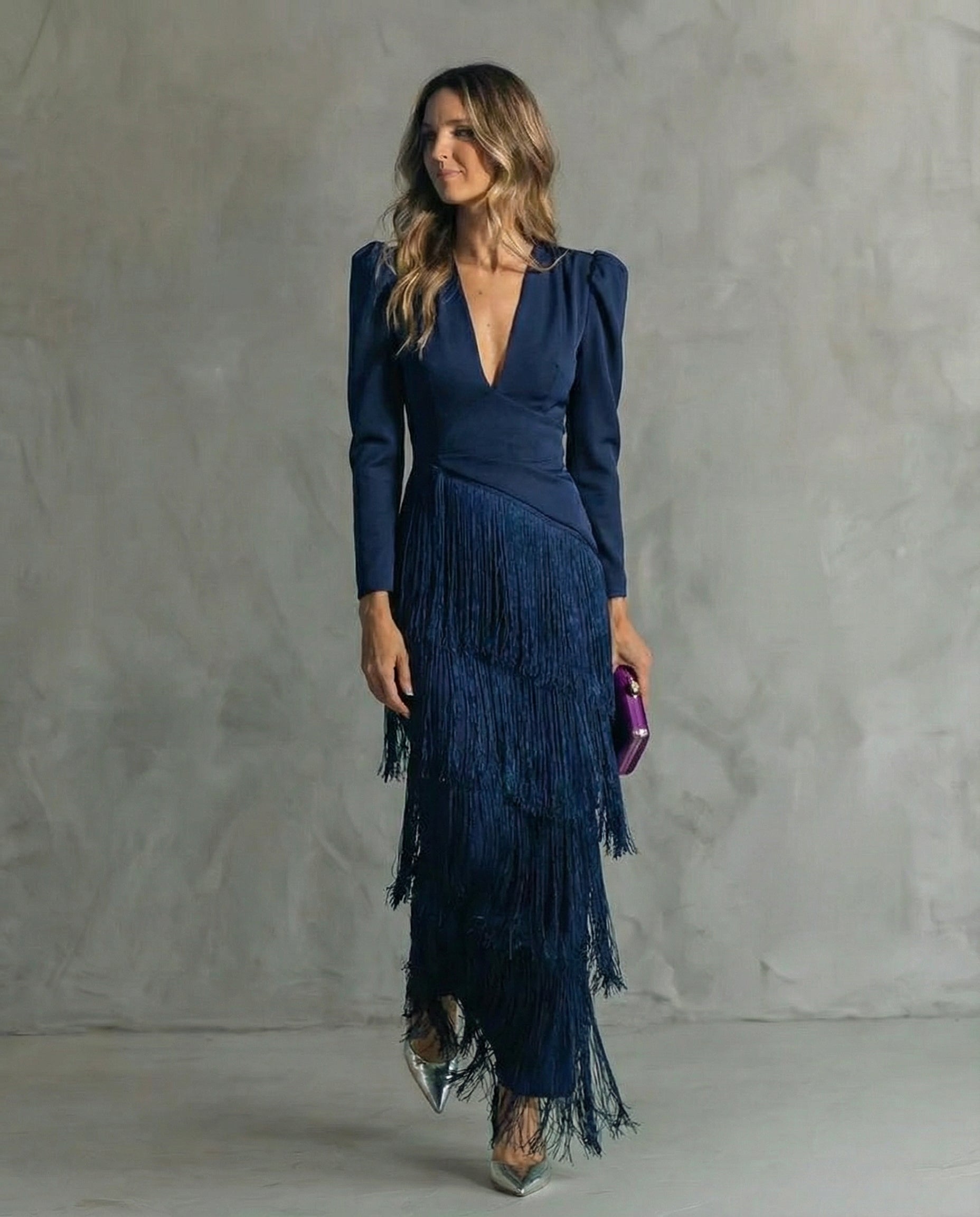 Brigitte™ - Robe Midi Femme Élégante À Franges Décolleté V Manches Longues