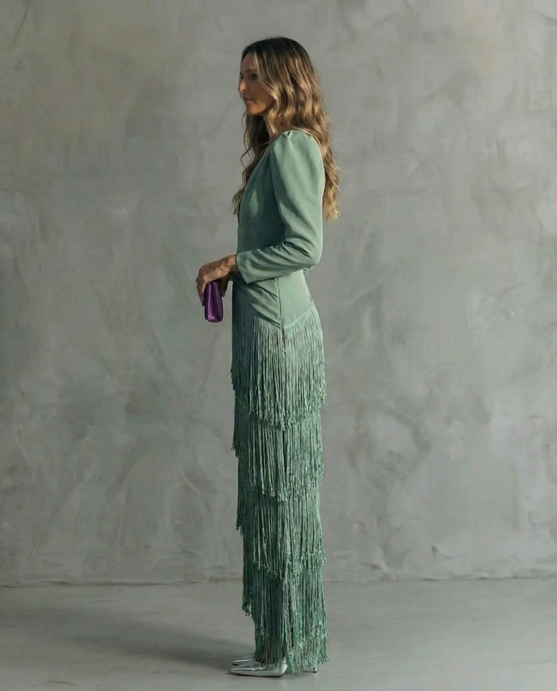 Brigitte™ - Robe Midi Femme Élégante À Franges Décolleté V Manches Longues