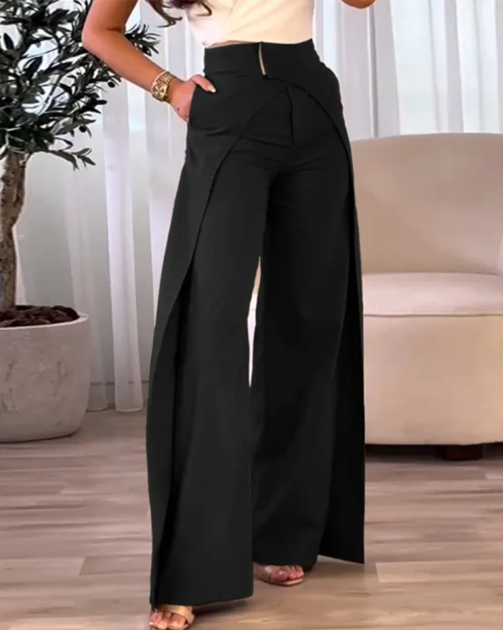 Areliax™ - Pantalon femme taille haute fluide fendu style élégant