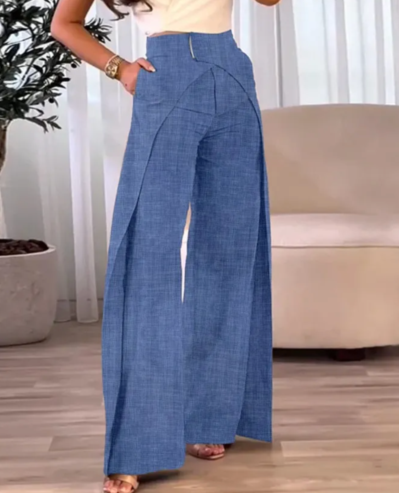 Areliax™ - Pantalon femme taille haute fluide fendu style élégant