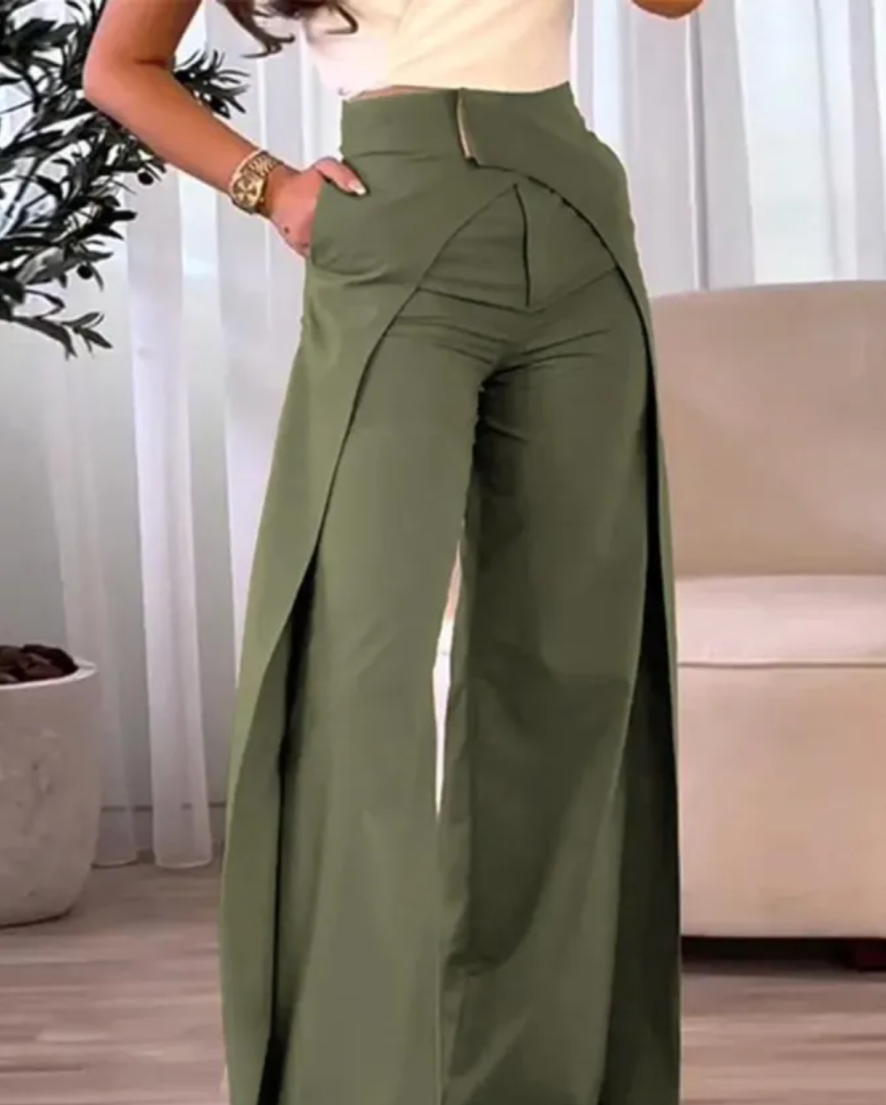 Areliax™ - Pantalon femme taille haute fluide fendu style élégant