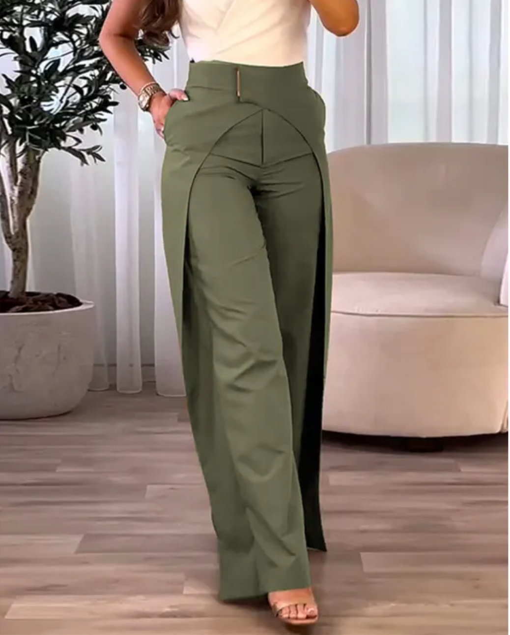 Areliax™ - Pantalon femme taille haute fluide fendu style élégant