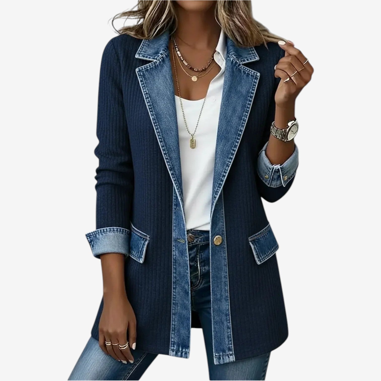 Tirexa™ - Veste Femme Style Denim Mélangé Effet Superposé Moderne