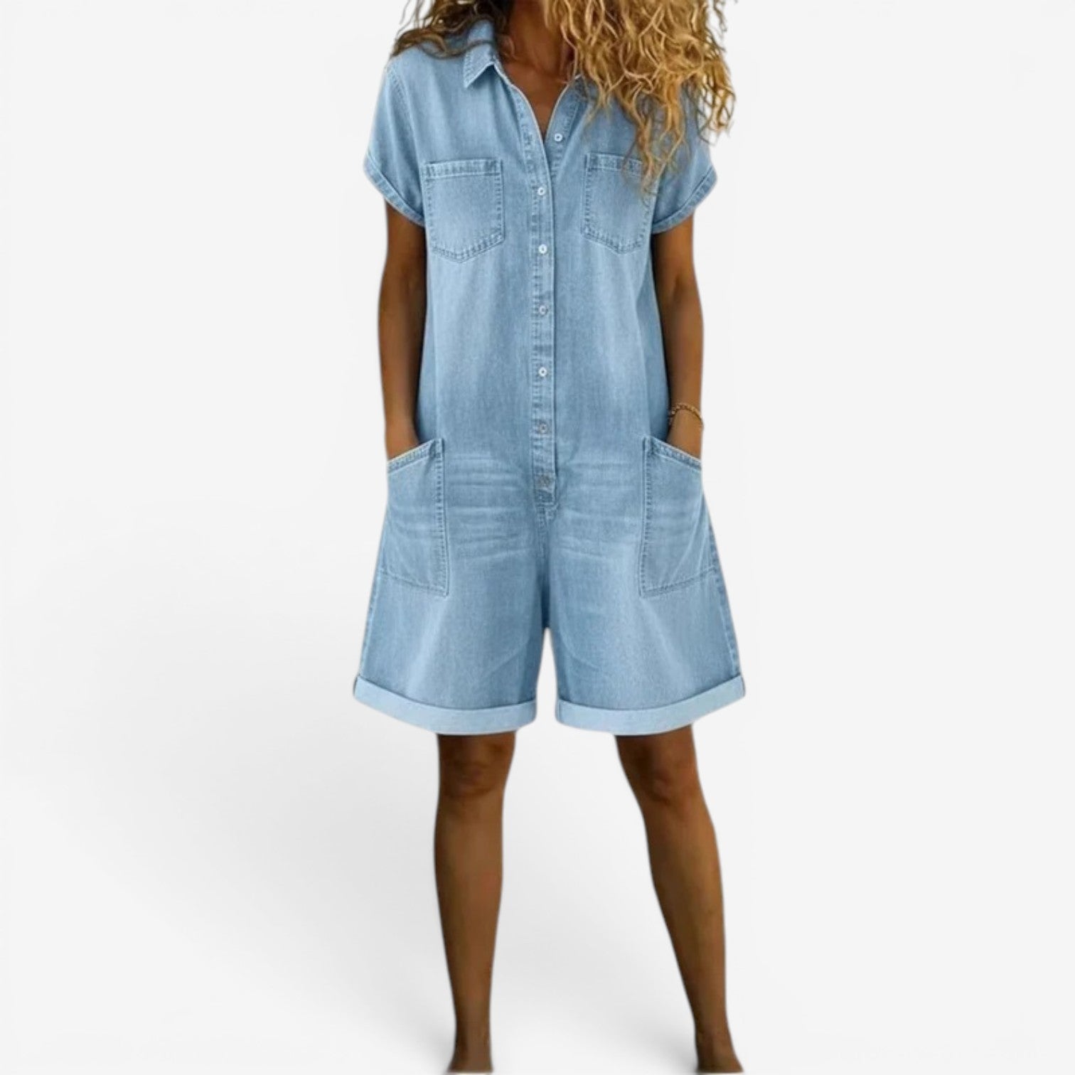 Rovellea™ - Combinaison femme courte denim ample boutons été casual