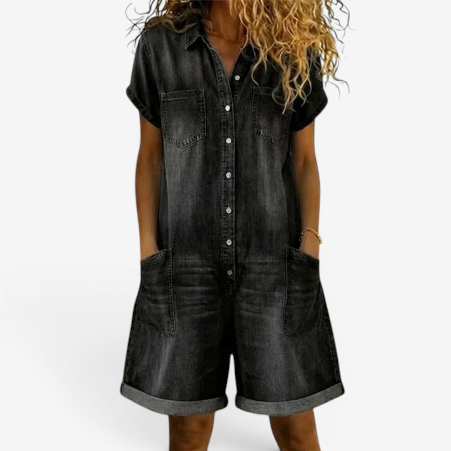Rovellea™ - Combinaison femme courte denim ample boutons été casual