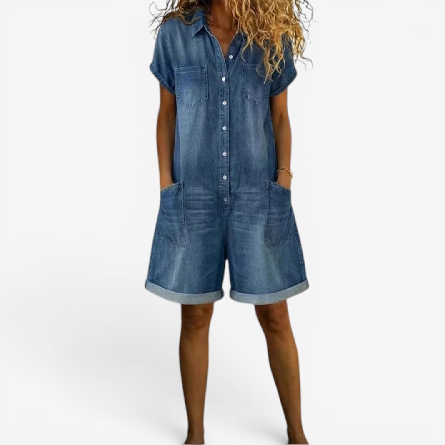 Rovellea™ - Combinaison femme courte denim ample boutons été casual