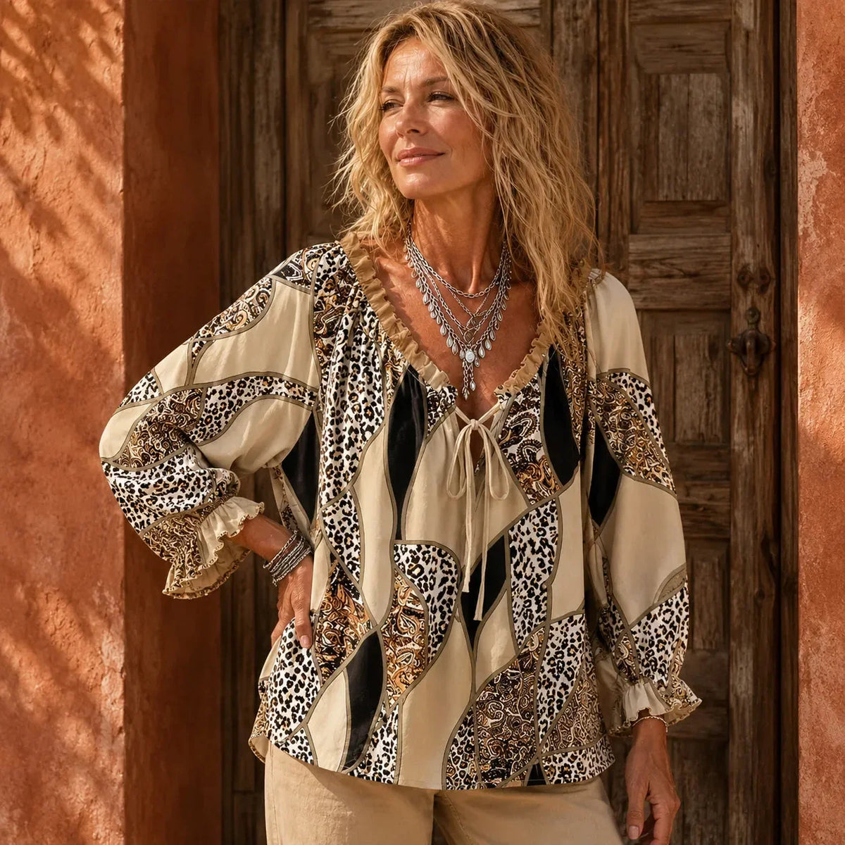 Mechteld - Blouse femme imprimée patchwork à col V