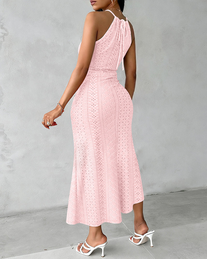 Fynovia™ - Robe midi femme jacquard ajourée col halter élégante fendue