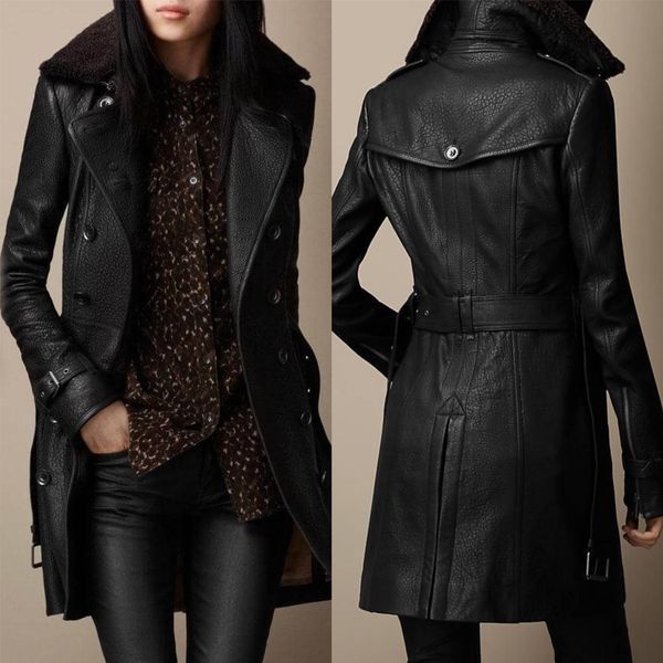 Jannet - Manteau 3/4 femme en similicuir avec col en fausse fourrure