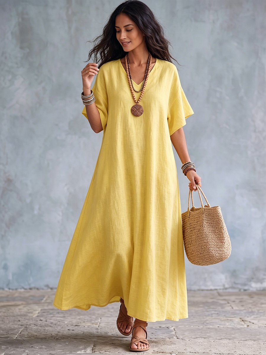 Ivessa - Robe longue femme en coton-lin à col V et poches