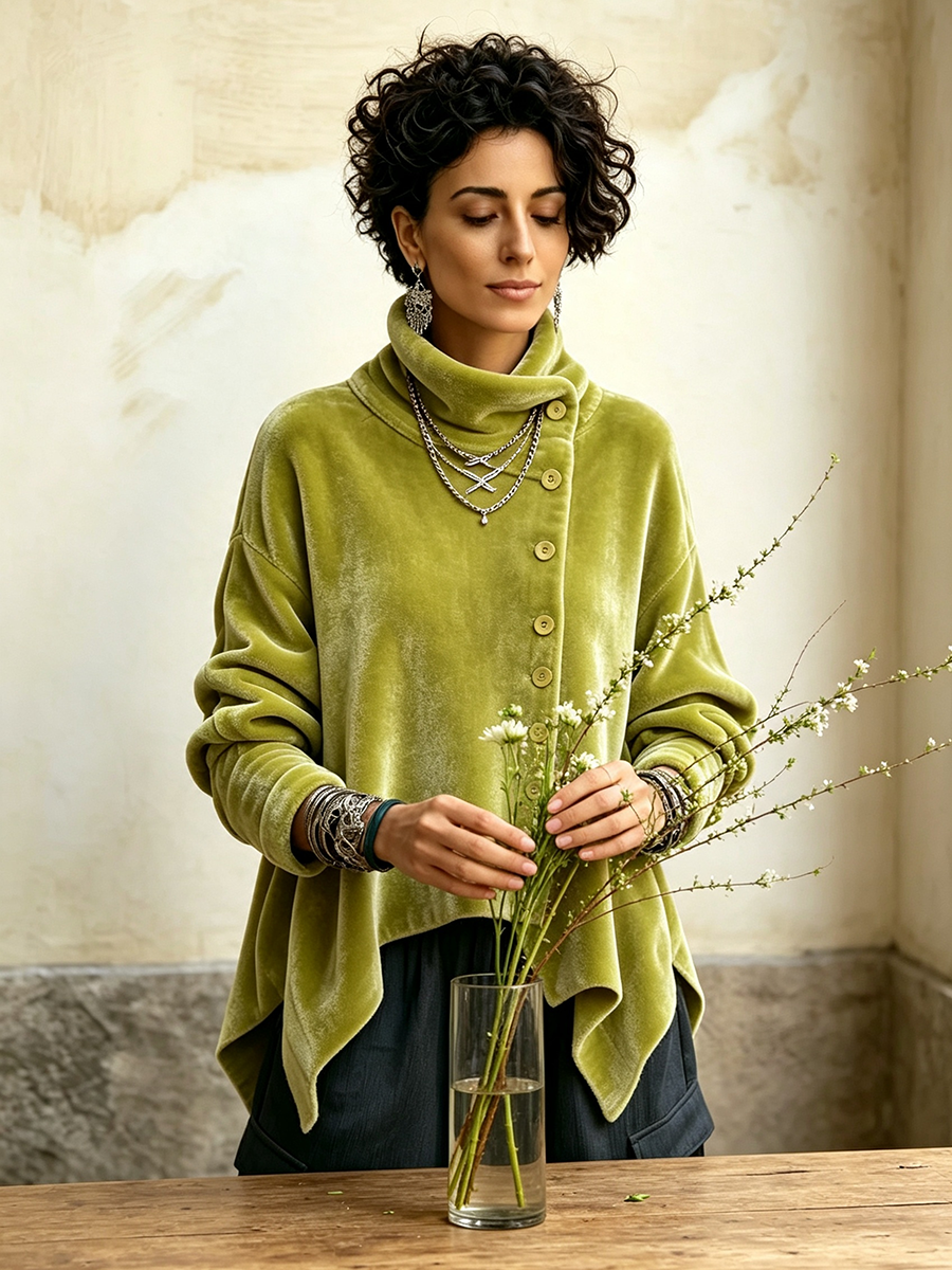 Marga - Top femme en velours à col roulé et coupe asymétrique
