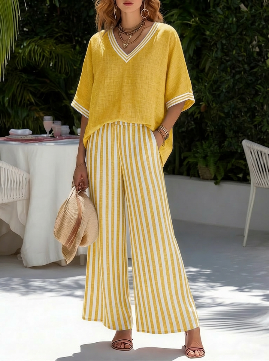 Gorixa™ - Ensemble Femme Lin Coton Rayé Coupe Large Style Estival Élégant