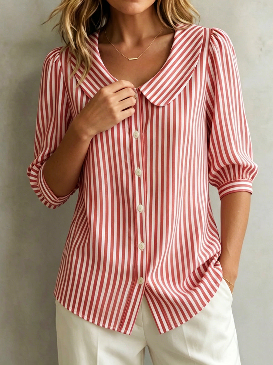 Halyssa™ - Blouse femme rayée col claudine boutons manches 3/4