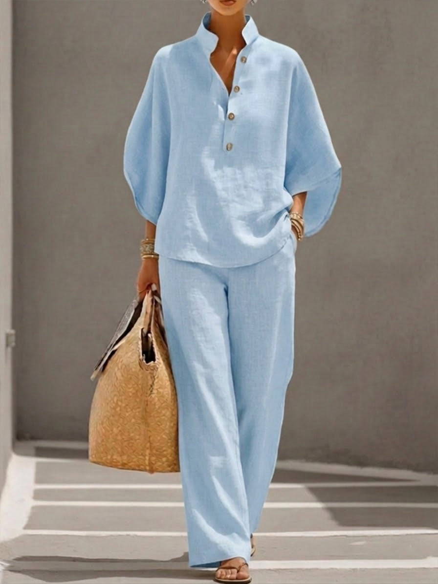 Jovixa™ - Ensemble Fluide Coton Lin Manches Amples & Pantalon Large
