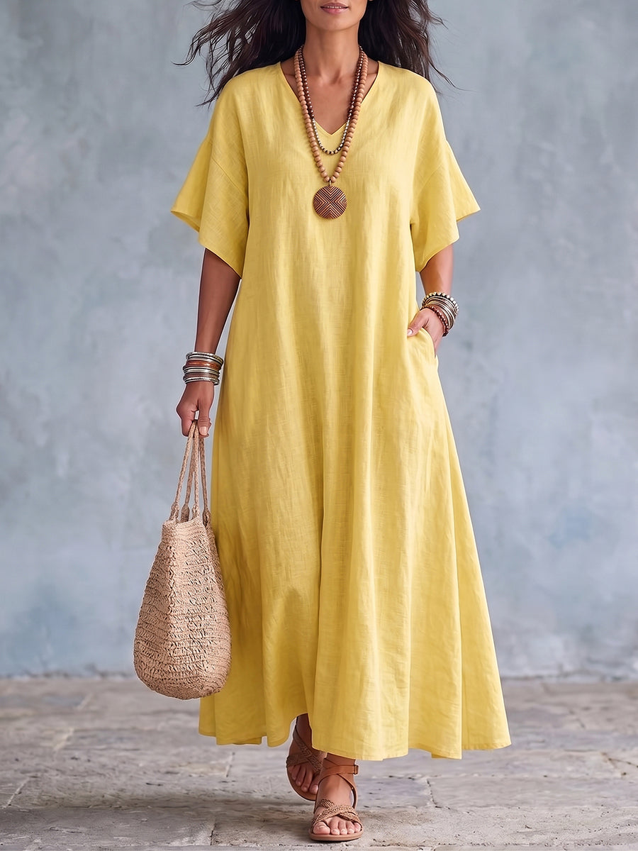Ivessa - Robe longue femme en coton-lin à col V et poches