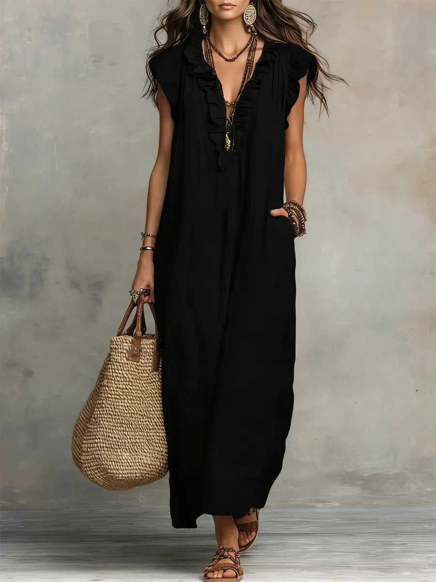 Izzellea™ - Robe Femme Longue Bohème Lin Coton Coupe Fluide Volants Élégants