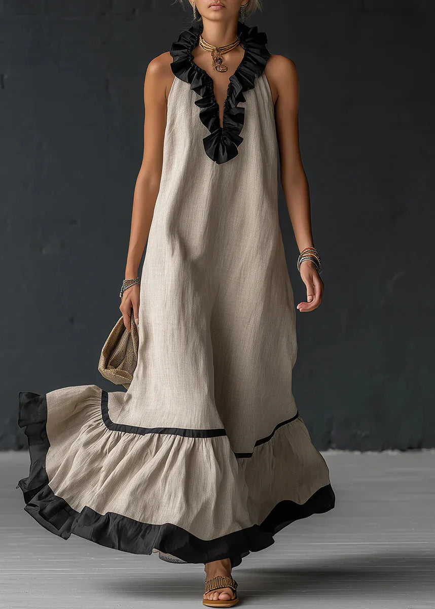 Gracelyn - Robe longue femme fluide avec volants contrastés