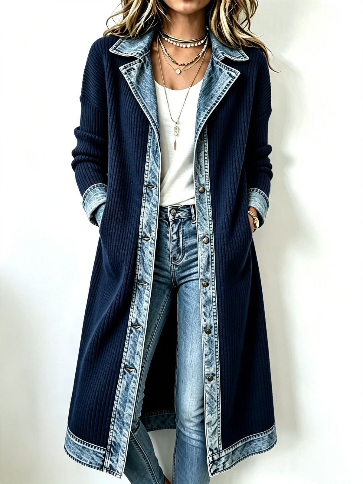 Béryl - Cardigan long femme en maille côtelée avec finitions denim