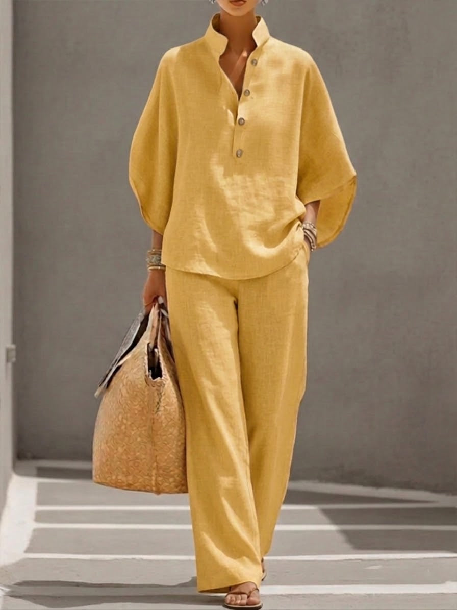 Jovixa™ - Ensemble Fluide Coton Lin Manches Amples & Pantalon Large