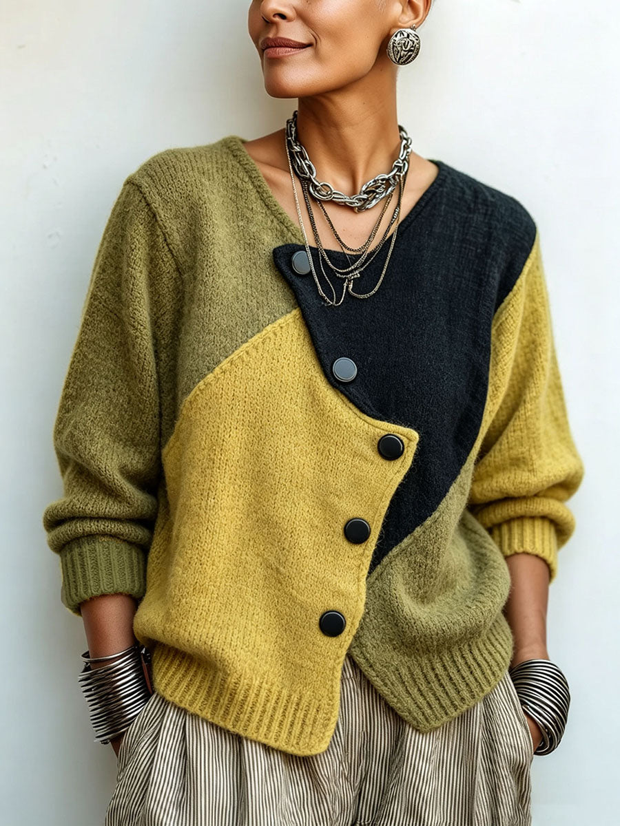 Josine - Pull femme color-block en maille avec boutons asymétriques