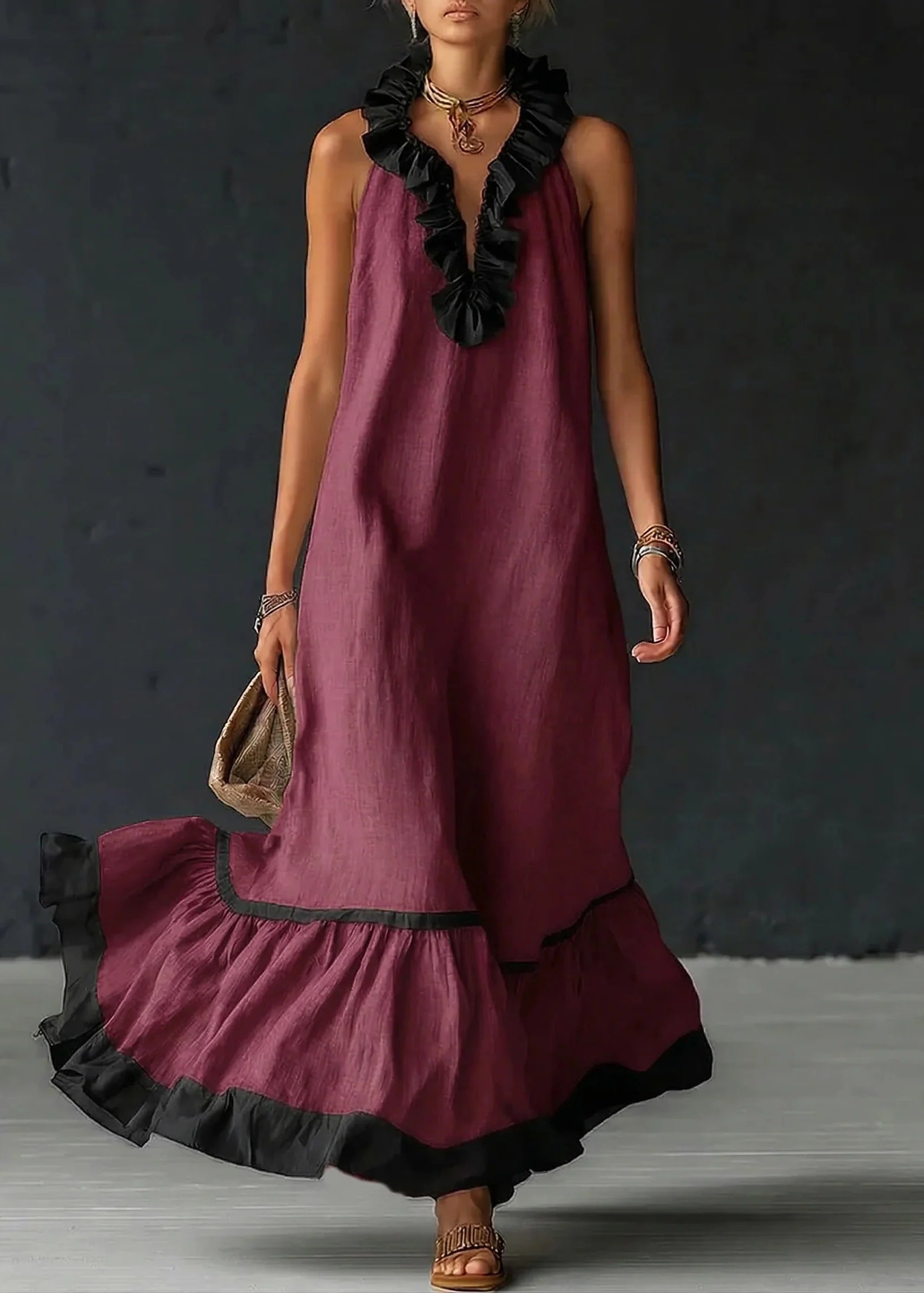 Gracelyn - Robe longue femme fluide avec volants contrastés
