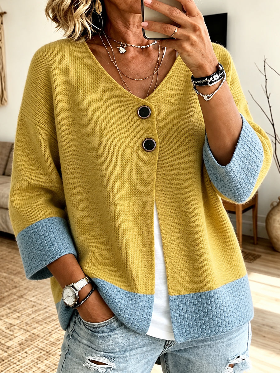 Geerke - Cardigan femme en maille bicolore à col V et boutons décoratifs