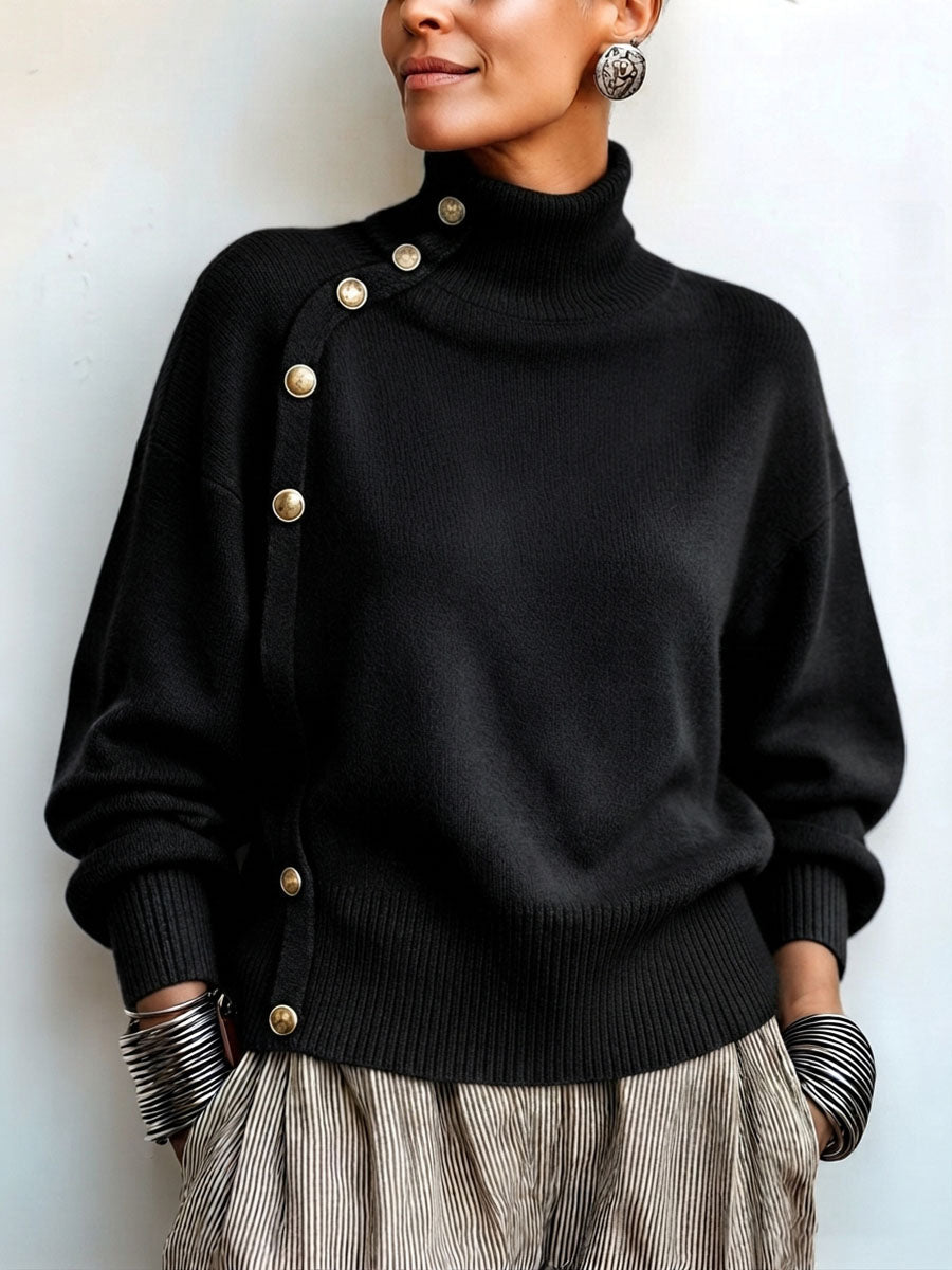 Willemijn - Pull femme à col roulé asymétrique avec boutons dorés