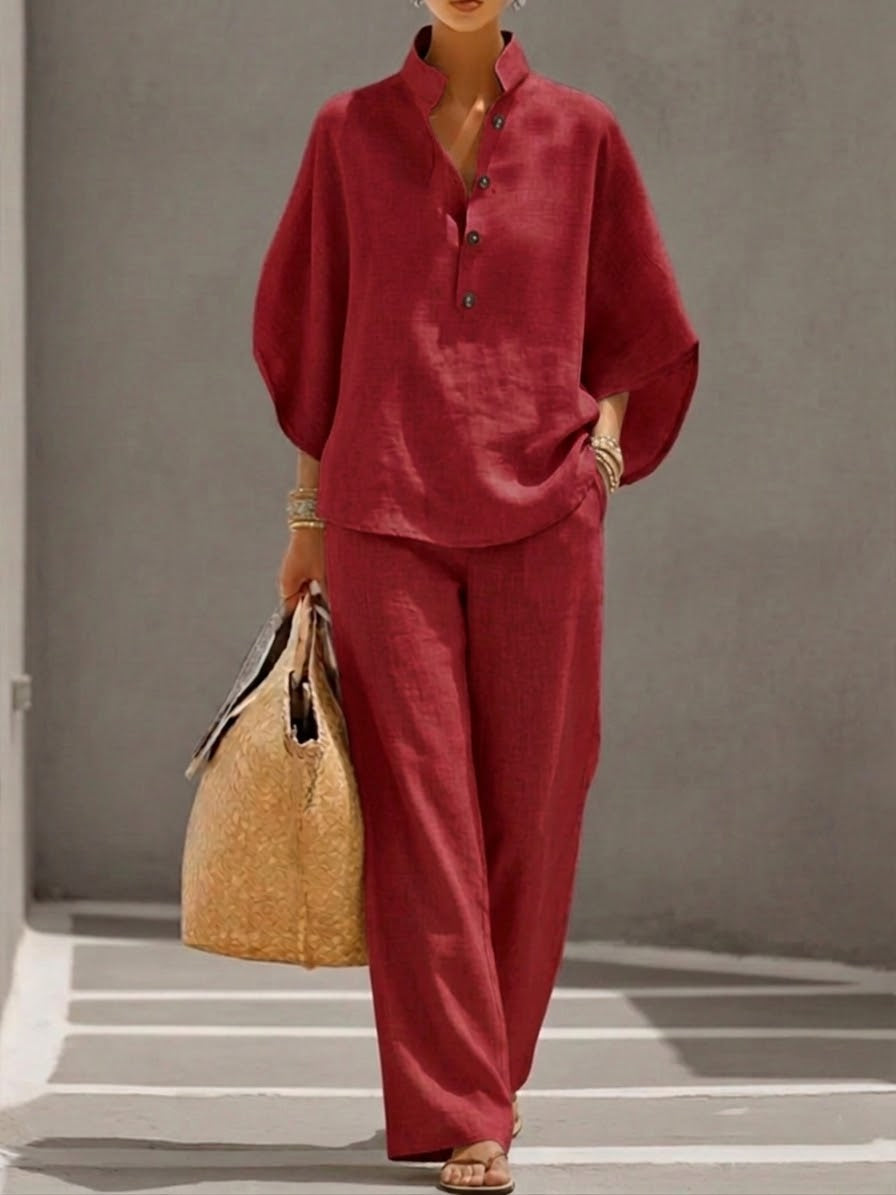 Jovixa™ - Ensemble Fluide Coton Lin Manches Amples & Pantalon Large