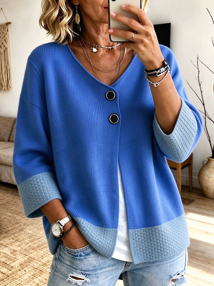 Geerke - Cardigan femme en maille bicolore à col V et boutons décoratifs