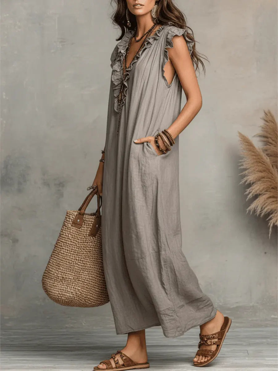 Izzellea™ - Robe Femme Longue Bohème Lin Coton Coupe Fluide Volants Élégants