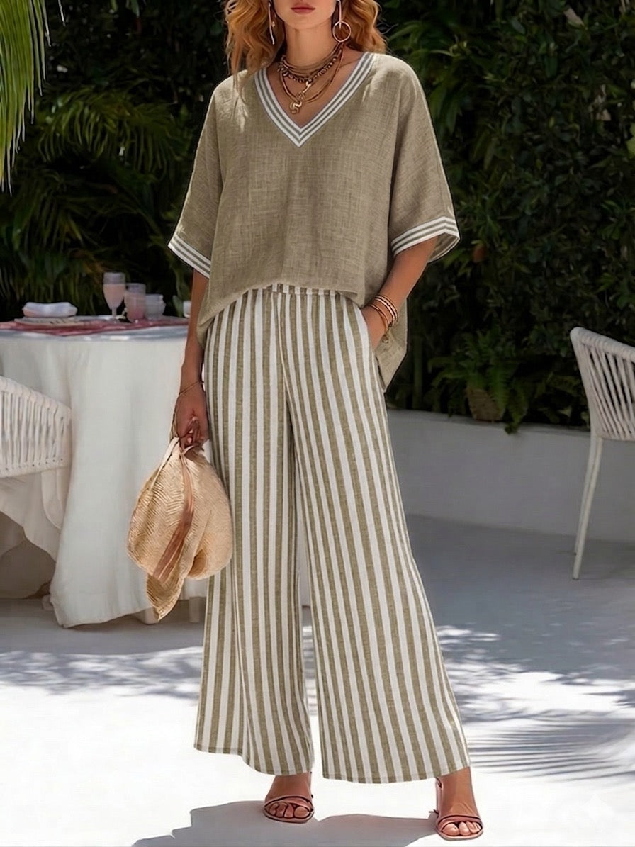 Gorixa™ - Ensemble Femme Lin Coton Rayé Coupe Large Style Estival Élégant