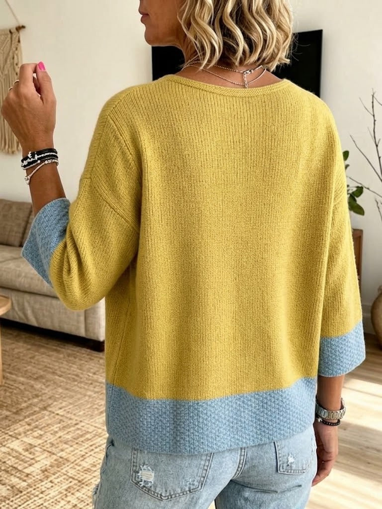 Geerke - Cardigan femme en maille bicolore à col V et boutons décoratifs