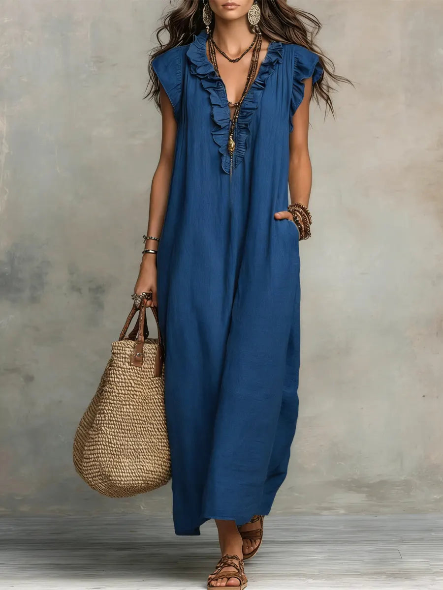Izzellea™ - Robe Femme Longue Bohème Lin Coton Coupe Fluide Volants Élégants