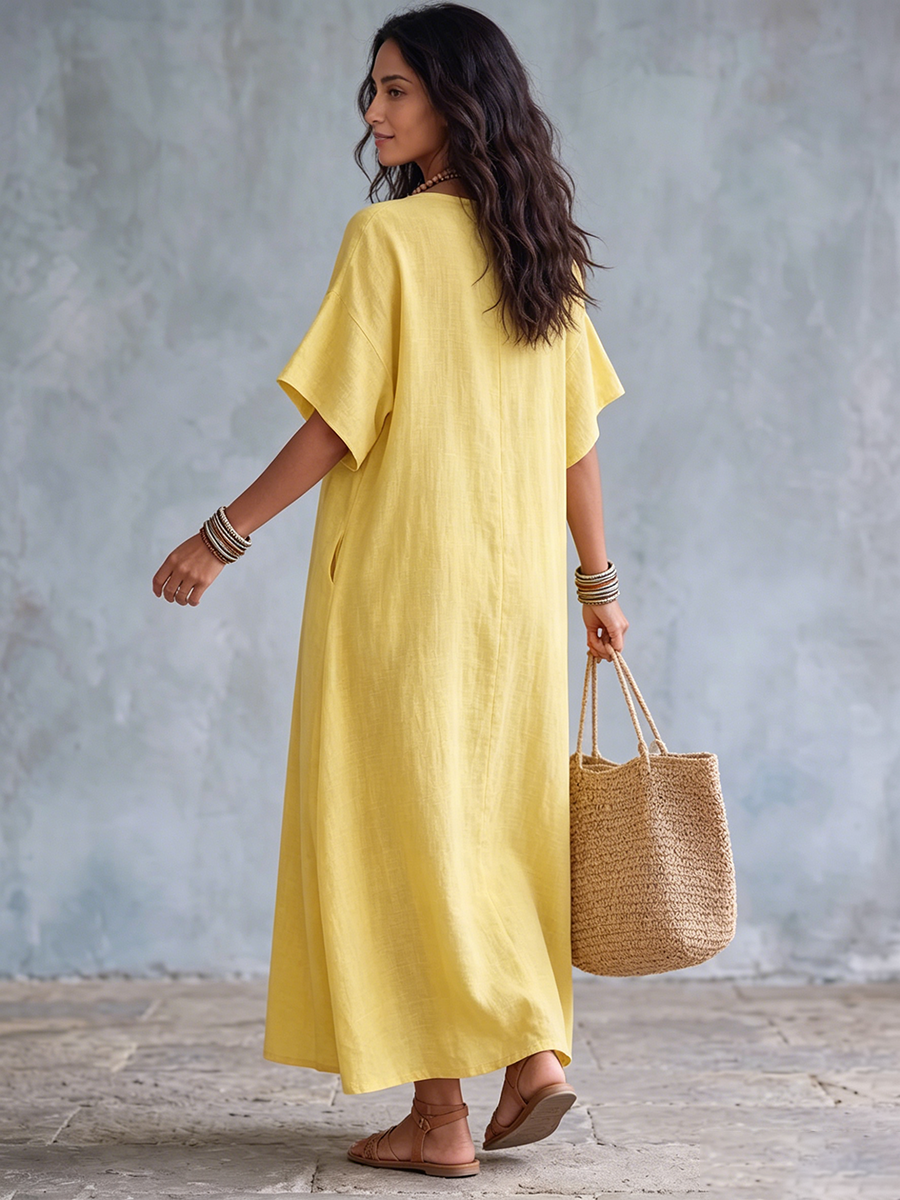 Ivessa - Robe longue femme en coton-lin à col V et poches