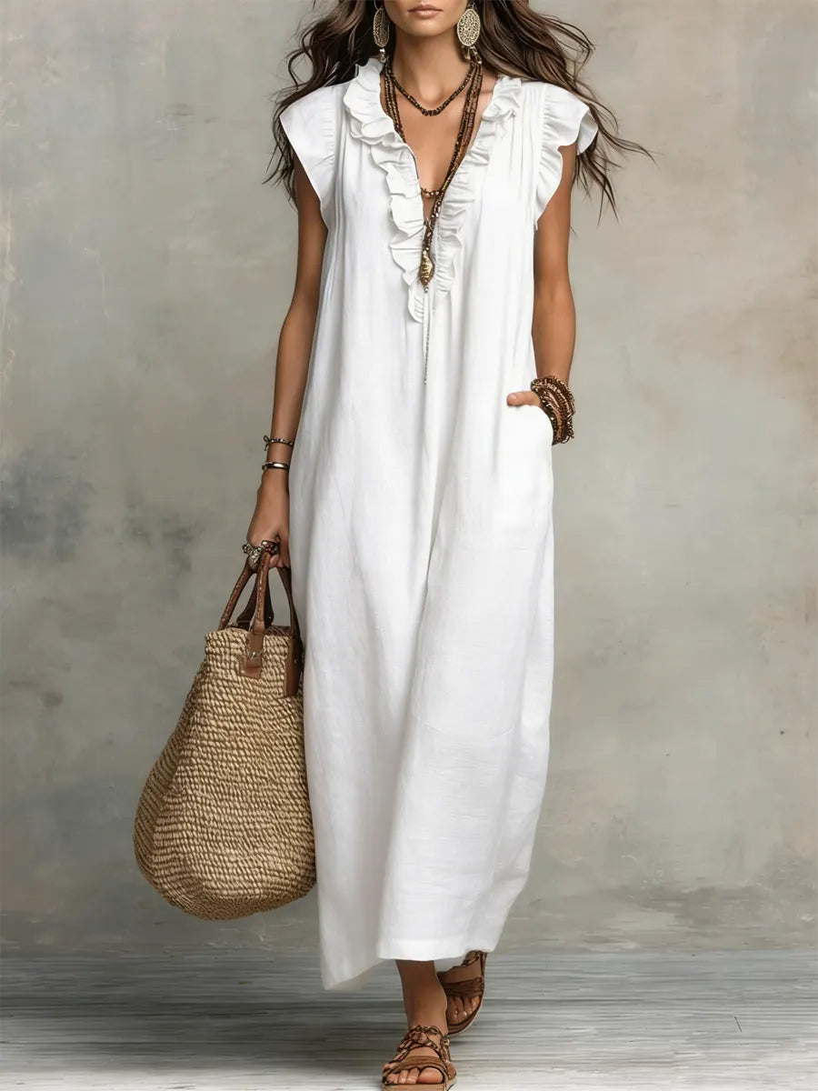 Izzellea™ - Robe Femme Longue Bohème Lin Coton Coupe Fluide Volants Élégants